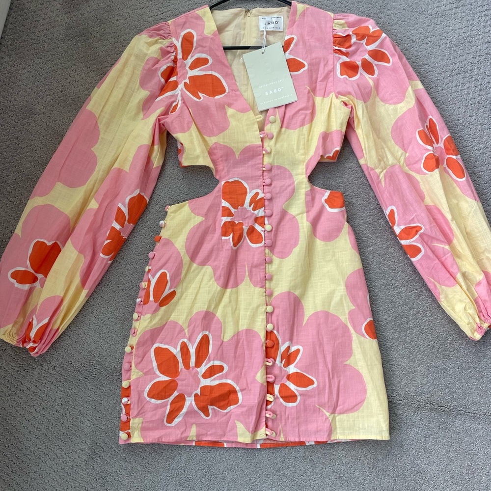 Sabo Skirt Pink and Orange Sheath Dress with Bishop Sleeves